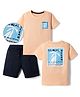 Kookie Kids Single Jersey Knit Woven Half Sleeves Tree & Text Printed T-Shirt & Shorts Set - Peach & Black