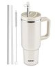 MILTON Malmo 1200 Thermosteel Double Wall Vacuum Insulated Stainless Steel Water Tumbler with Handle 1100ml,Travel Mug with Straw,Silicon Cap,Cleaning Brush,Hot & Cold Beverage Flask, Cream