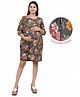 Mama & Bebe Cotton Woven Three Fourth Sleeves Floral Printed Maternity Dress With Side Zipper Nursing Access - Olive
