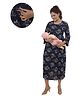 Mama & Bebe Rayon Woven Three Fourth Sleeves Floral Printed Maternity Dress With Overlap Nursing Access - Navy Blue