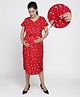 Mama & Bebe Rayon Woven Half Sleeves Leaves Printed Maternity Dress With Front Zipper Nursing Access - Red