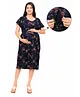 Mama & Bebe Rayon Woven Half Sleeves Floral Printed Maternity Dress With Front Zipper Nursing Access - Black