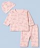 I Bears Interlock Knit Full Sleeves Co-Ords T-Shirt & Pyjama Night Suit with Cap & Animal Print - Peach