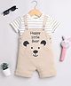 DEAR TO DAD Cotton Knit Happy Little Bear Text Embroidered Dungaree With Half Sleeves Tee Set - Brown