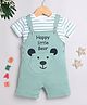DEAR TO DAD Cotton Knit Happy Little Bear Text Embroidered Dungaree With Half Sleeves Tee Set - Green