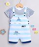 DEAR TO DAD Cotton Knit Happy Striped & Boat Embroidered Dungaree With Half Sleeves Tee Set - Blue