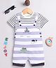 DEAR TO DAD Cotton Knit Happy Striped & Boat Embroidered Dungaree With Half Sleeves Tee Set - Black & White