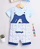 DEAR TO DAD Cotton Knit Happy Giraffe Embroidered & Animals Printed Dungaree With Half Sleeves Tee Set - Blue & White
