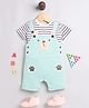DEAR TO DAD Cotton Knit Teddy Face Printed Dungaree With Half Sleeves Striped Tee Set - Green