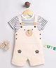 DEAR TO DAD Cotton Knit Teddy Face Printed Dungaree With Half Sleeves Striped Tee Set - Peach