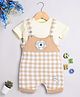 DEAR TO DAD Cotton Knit Checked & Teddy Embroidered Dungaree With Half Sleeves Tee Set - Cream
