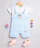 DEAR TO DAD Cotton Knit Checked & Teddy Embroidered Dungaree With Half Sleeves Tee Set - White & Blue