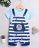 DEAR TO DAD Cotton Knit Striped & Panda Embroidered Dungaree With Half Sleeves Tee Set - Blue