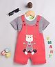 DEAR TO DAD Cotton Knit Giraffe Printed Dungaree With Half Sleeves Striped Tee Set - Red