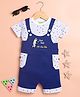 DEAR TO DAD Cotton Knit Get Set Text Embroidered Dungaree With Half Sleeves Tee Set - Blue