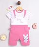 DEAR TO DAD Cotton Knit Baby Boy Text Embroidered Bunny Printed Dungaree With Half Sleeves Tee Set - Pink & White