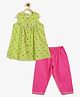 Campana 100% Cotton Woven Sleeveless Striped & Floral Printed Kurti & Pants Set - Green & Pink