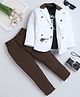 Fourfolds Cotton Blend Woven Full Sleeves Gun Embroidered Blazer & Trousers With Tee Set - Brown & White