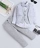 Fourfolds Cotton Blend Woven Full Sleeves Striped & Checked Embroidered 3 Piece Party Suit Set With Bow - Grey
