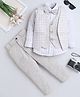 Fourfolds Cotton Blend Woven Full Sleeves Striped & Checked Embroidered 3 Piece Party Suit Set With Bow - Beige
