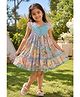 Lagorii Cotton Woven Frill Sleeves Floral Embroidered & Printed Dress - Blue