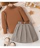 Mark & Mia Full Sleeves Top & Checked Skirt With Belt - Brown