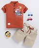 LTZ CLUB Textile Knit Half Sleeves Typography Printed Polo Tee & Shorts Set - Rust