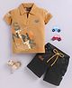 LTZ CLUB Textile Knit Half Sleeves Typography Printed Polo Tee & Shorts Set - Khaki