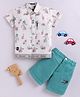 LTZ CLUB Textile Knit Half Slevees Leaves & Geometric Printed Shirt & Shorts Set - Green & Beige