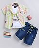 LTZ CLUB Textile Knit Half Sleeves Checked Shirt & Shorts With Tee Set - Neon Green & Multi Colour