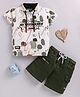 LTZ CLUB Textile Knit Half Sleeves Abstract & Typography Printed Tee & Shorts Set - Dark Green & Beige