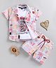 LTZ CLUB Textile Knit Half Sleeves Beach Theme Printed Coordinating Shirt & Shorts With Tee Set - Peach