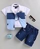 LTZ CLUB Textile Knit Half Sleeves Colour Blocked Shirt & Shorts With Tee Set - Blue