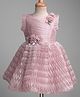 Enfance Cotton Mixes Knit Frill Sleeves Floral Applique Stone Detailed Knee Length Balloon Dress - Dark Pink