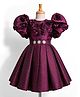 Enfance Cotton Mixes Knit Half Sleeves Floral Applique & Stone Embellished Dress - Wine