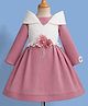 Enfance Cotton Mix Knit Woven Cold Shoulder Full Sleeves Flower Applique One Piece Party Dress - Pink