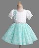 Enfance Cotton Mixes Knit Puff Sleeves Flower Applique & Embroidered Dress - Sea Green
