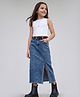 Arias Cotton Elastane Woven Mid Wash Denim Skirt With Slit & Belt - Navy Blue