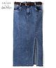 Arias Cotton Elastane Woven Mid Wash Denim Skirt With Slit & Belt - Navy Blue