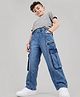 Arias Cotton Elastane Woven Full Length Mid Washed Denim Carrot fit Jeans With Cargo Pockets - Blue