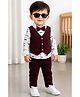 Merope Cotton Blend Knit Full Sleeves Moustache Printed Shirt & Trouser With Waistcoat & Bow Set - Maroon