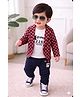 Merope Cotton Blend Knit Full Sleeves Checked Blazer With Attached Tee & Trouser Set - Red