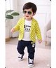 Merope Cotton Blend Knit Full Sleeves Checked Blazer With Attached Tee & Pant Set - Yellow