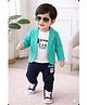 Merope Cotton Blend Knit Full Sleeves Checked Blazer With Attached Tee & Pant Set -  Green