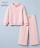 Arias Cotton Fleece Knit Full Sleeves Jacket & Pant With Lace And Stone Details - Pink