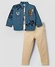 Radutu Cotton Woven Full Sleeve Embellished Jacket With Text Printed T-shirt & Pant - Teal Blue & Beige