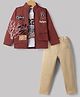 Radutu Cotton Woven Full Sleeve Embellished Jacket With Text Printed T-shirt & Pant - Dark Pink  & Beige
