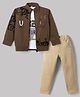 Radutu Cotton Woven Full Sleeve Embellished Jacket With Text Printed T-shirt & Pant - Brown & Beige