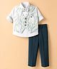 Radutu Cotton Woven Full Sleeves 3 Piece Set Party Suits With Leaf Printed Waist Coat & Bow Tie - Light Blue & White