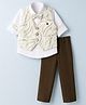Radutu Cotton Woven Full Sleeves 3 Piece Set Party Suits With Leaf Printed Waist Coat & Bow Tie - Beige & White